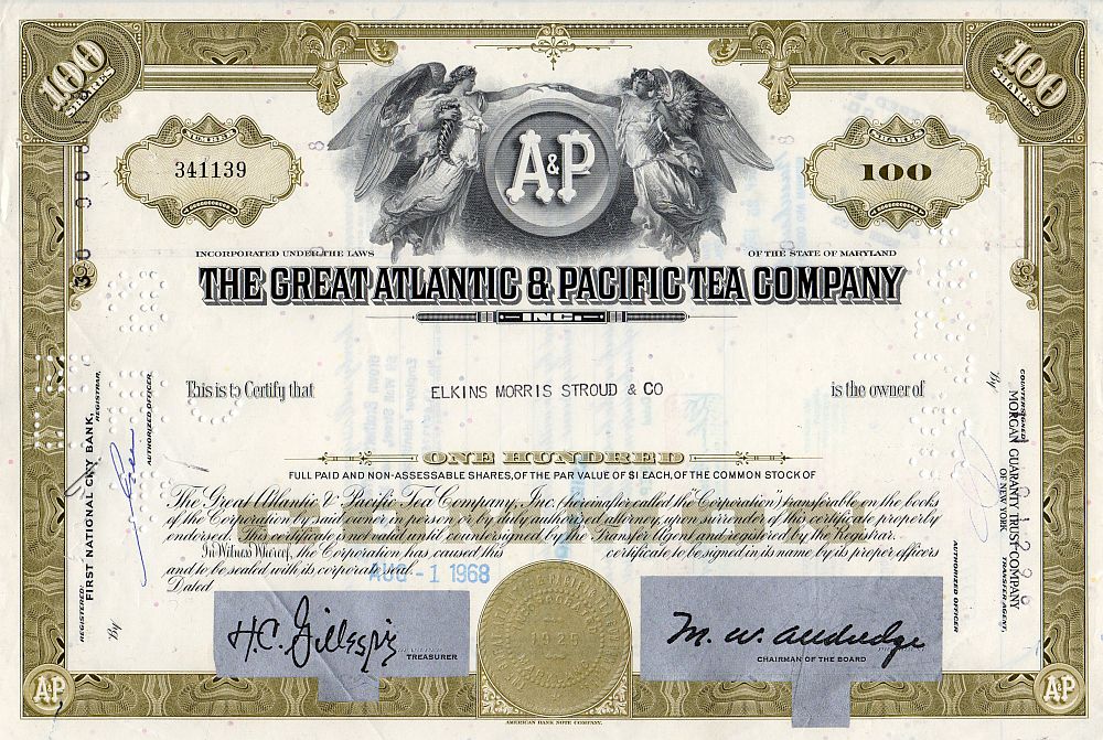 A&P (Atlantic & Pacific Tea Company) 1960s Stock Certificates